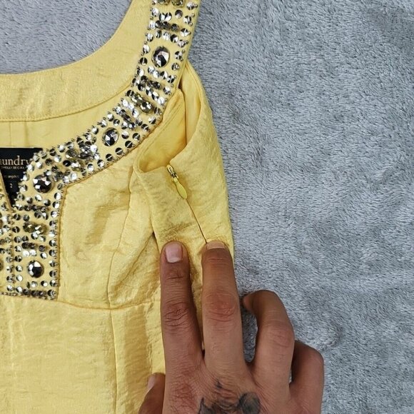 Laundry By Shelli Segal Cocktail Dress Womens 2 Yellow Satin Sequin Rhinestone - Picture 6 of 9